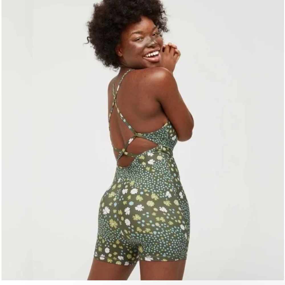 Aerie olive strappy floral 3” shorts bodysuit
